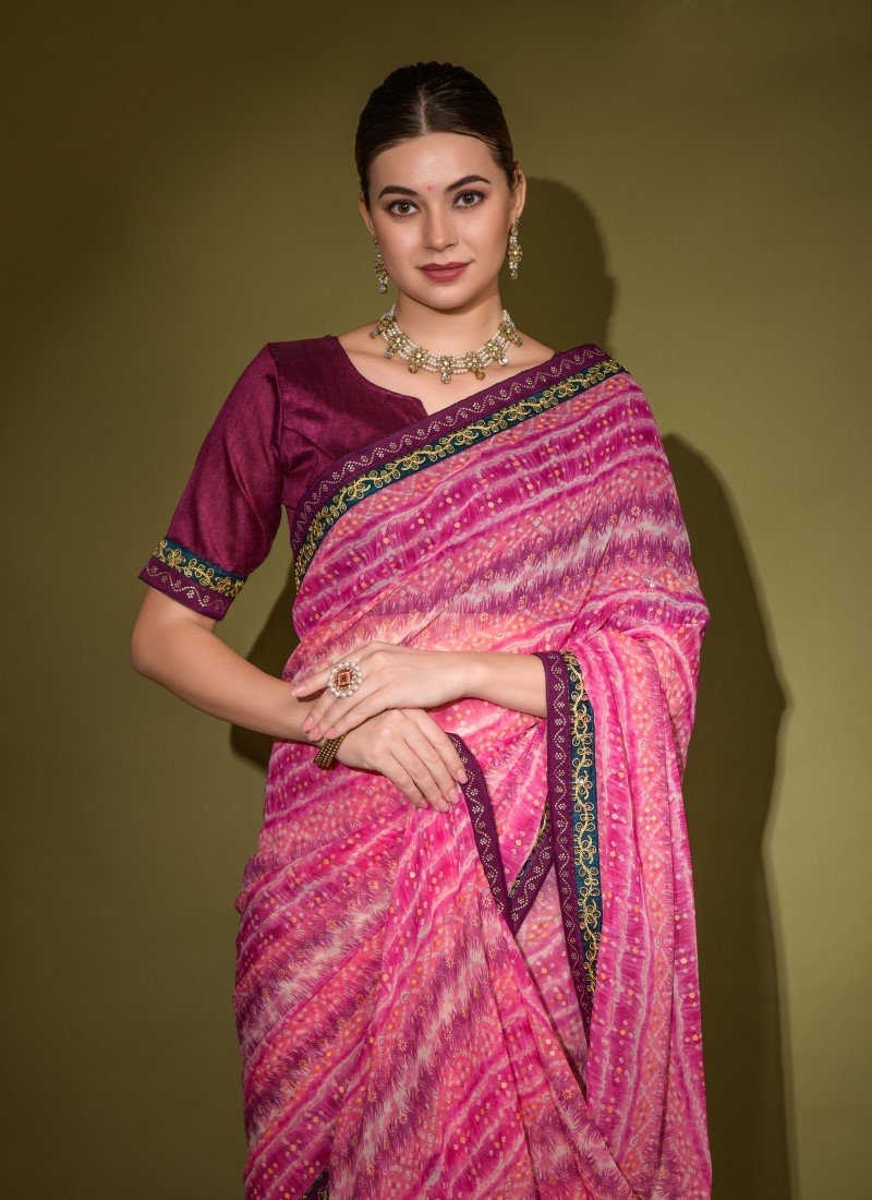 Pink Georgette Foil Print Saree With Heavy Sequins And Diamond Pattern Lace Border-2