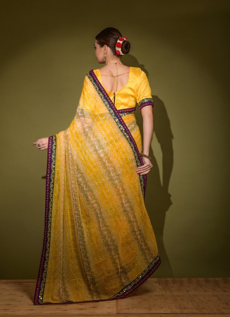 Yellow Georgette Foil Print Saree With Heavy Sequins And Diamond Pattern Lace Border-2