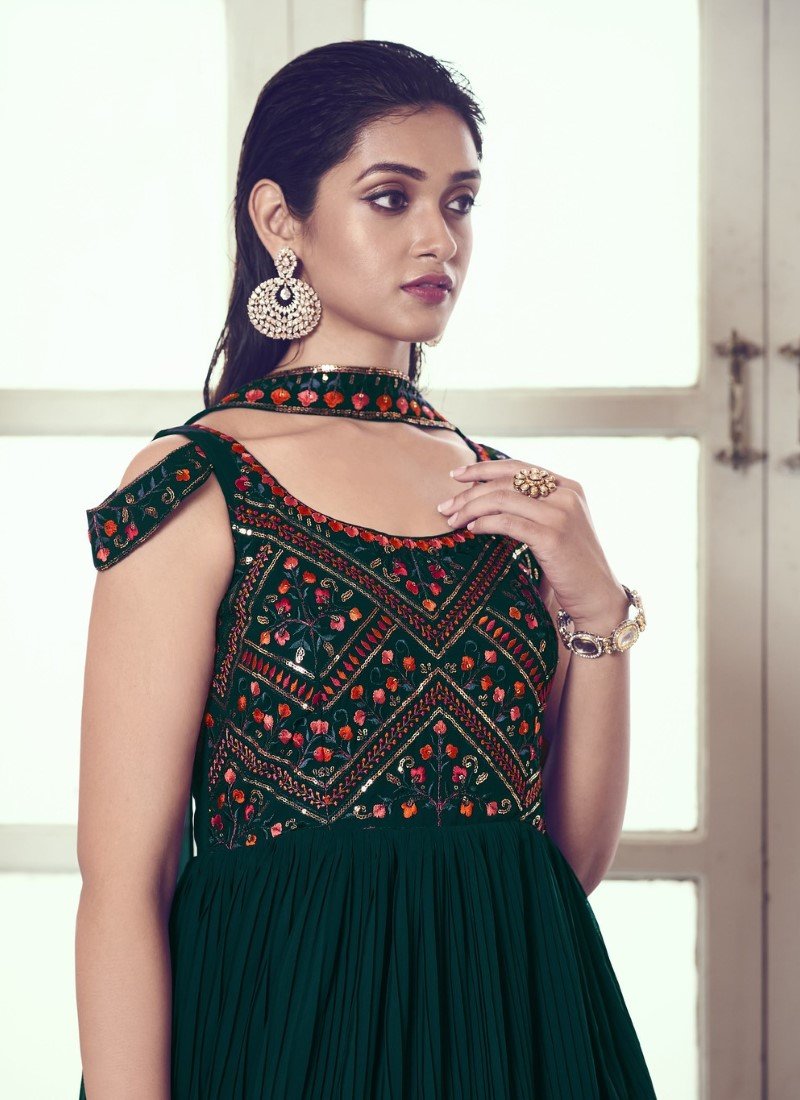 Green Georgette Embroidered Anarkali Gown With Thread and Sequins Work-2