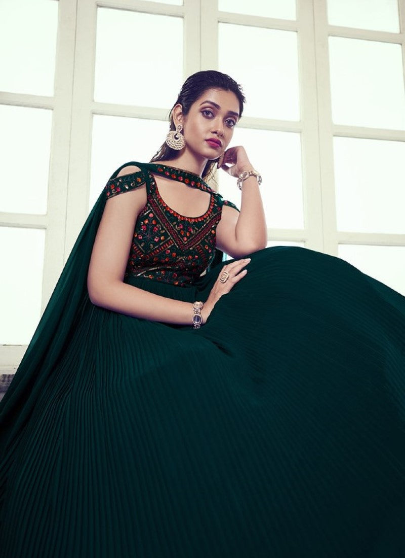 Green Georgette Embroidered Anarkali Gown With Thread and Sequins Work-2