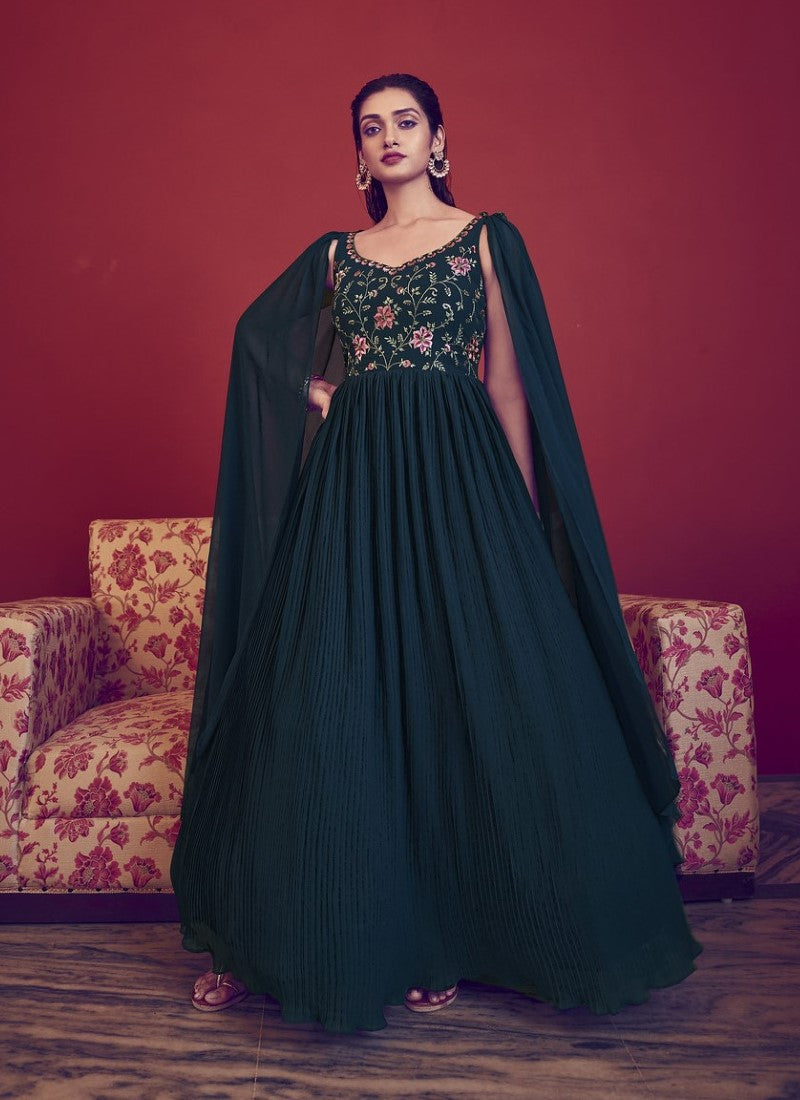 Teal Blue Georgette Embroidered Anarkali Gown With Thread and Sequins Work