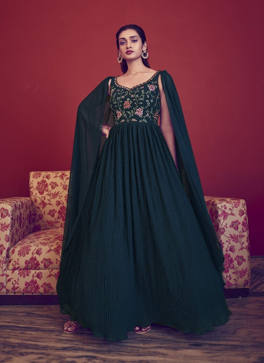 Teal Blue Georgette Embroidered Anarkali Gown With Thread and Sequins Work