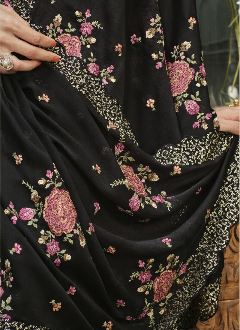 Black Georgette Straight Cut Pant Style Salwar Suit-2