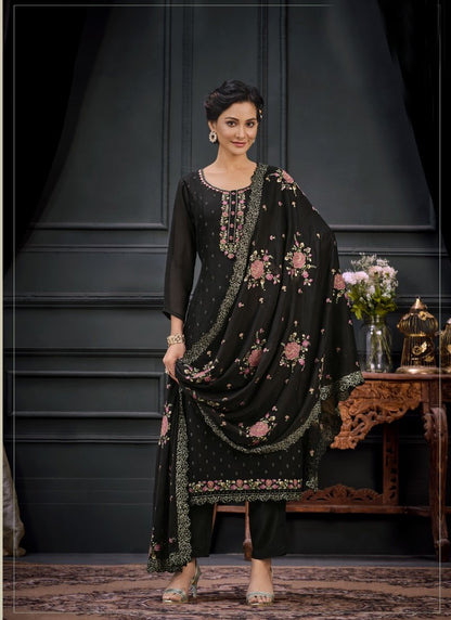 Black Georgette Straight Cut Pant Style Salwar Suit