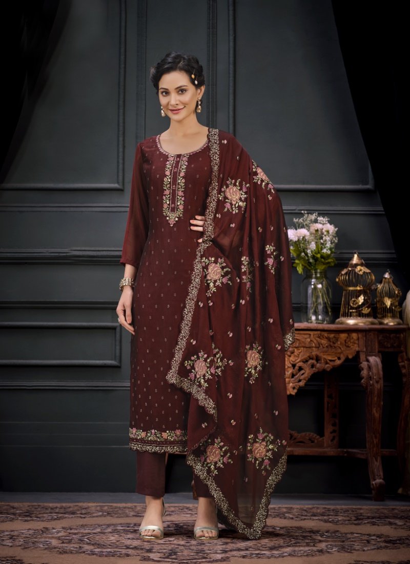 Maroon Georgette Straight Cut Pant Style Salwar Suit