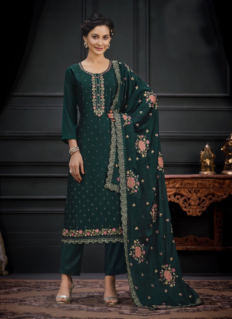 Green Georgette Straight Cut Pant Style Salwar Suit
