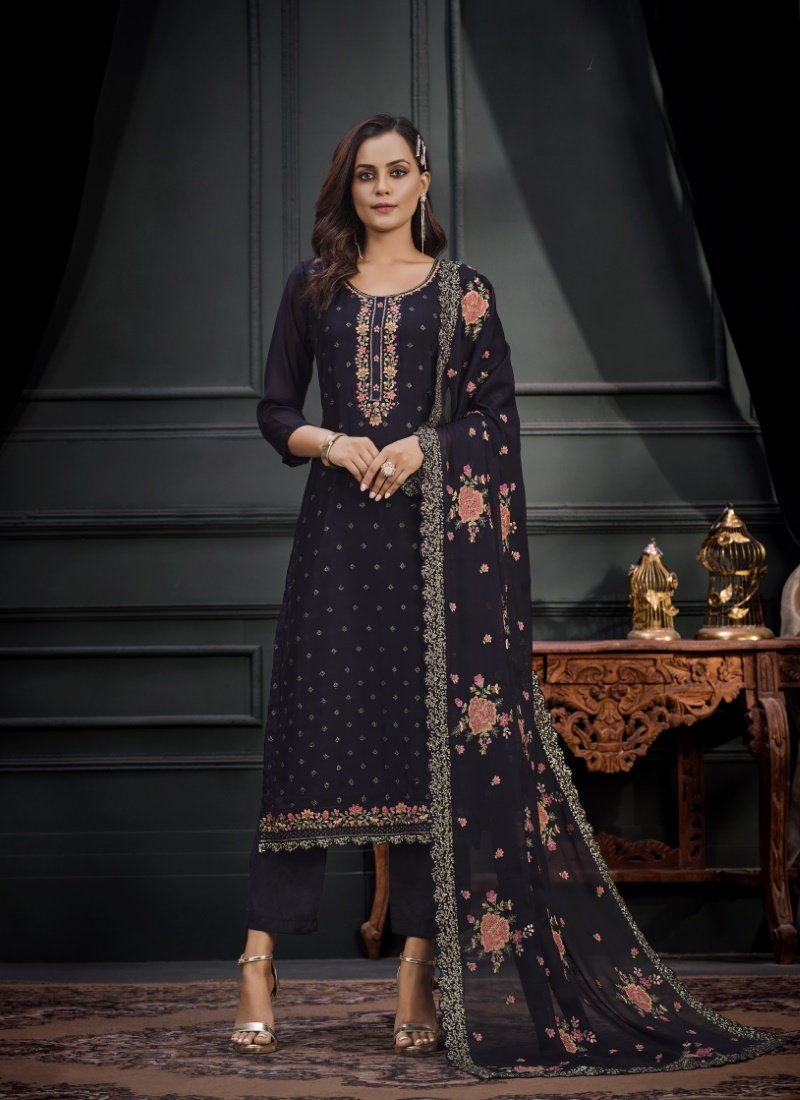 Navy Blue Georgette Straight Cut Pant Style Salwar Suit