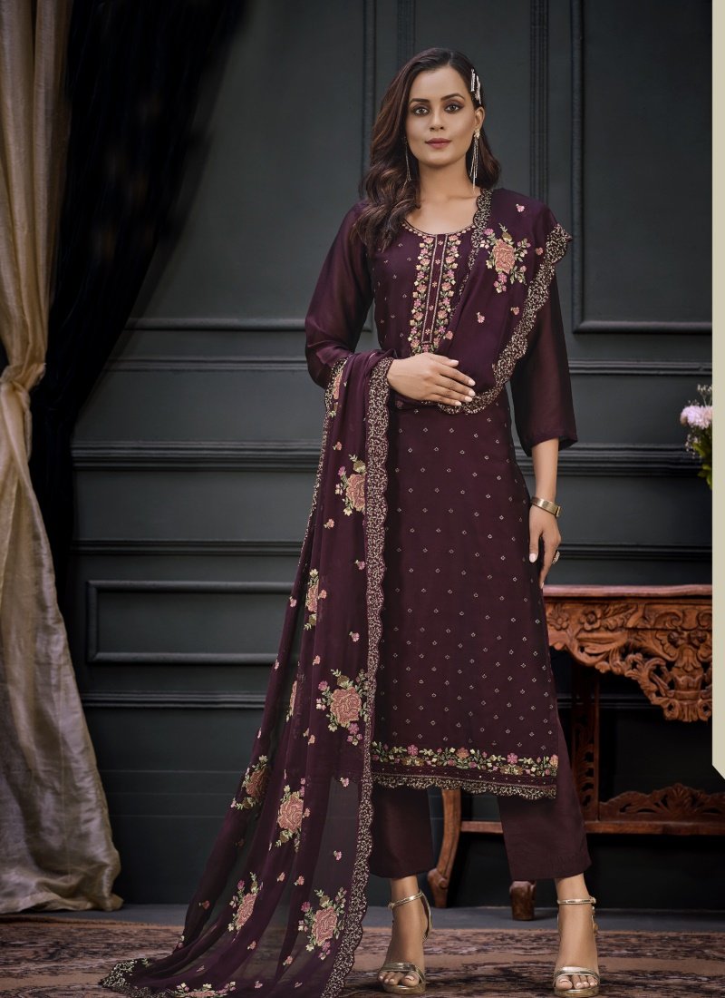 Purple Georgette Straight Cut Pant Style Salwar Suit