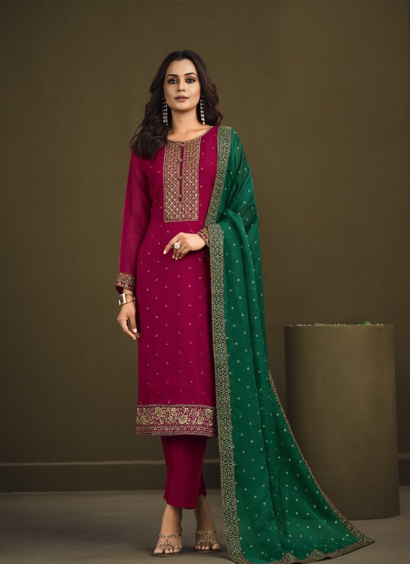 Magenta Organza Pant Style Salwar Suit-2