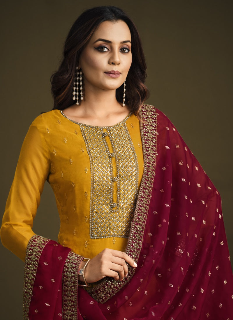 Yellow Organza Pant Style Salwar Suit-2