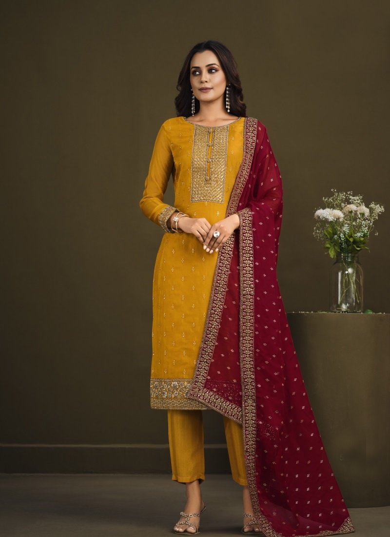 Yellow Organza Pant Style Salwar Suit