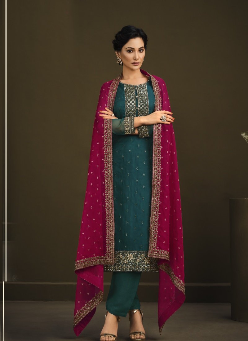 Teal Blue Organza Pant Style Salwar Suit