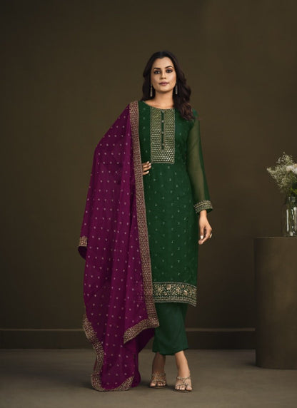 Green Organza Pant Style Salwar Suit