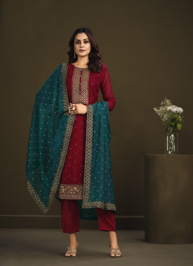 Maroon Organza Pant Style Salwar Suit