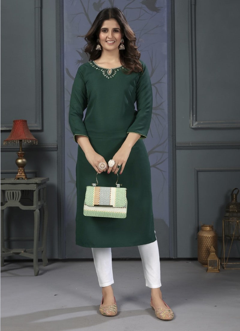 Green Cotton Pocket Kurti With Embroidery Work and Pent