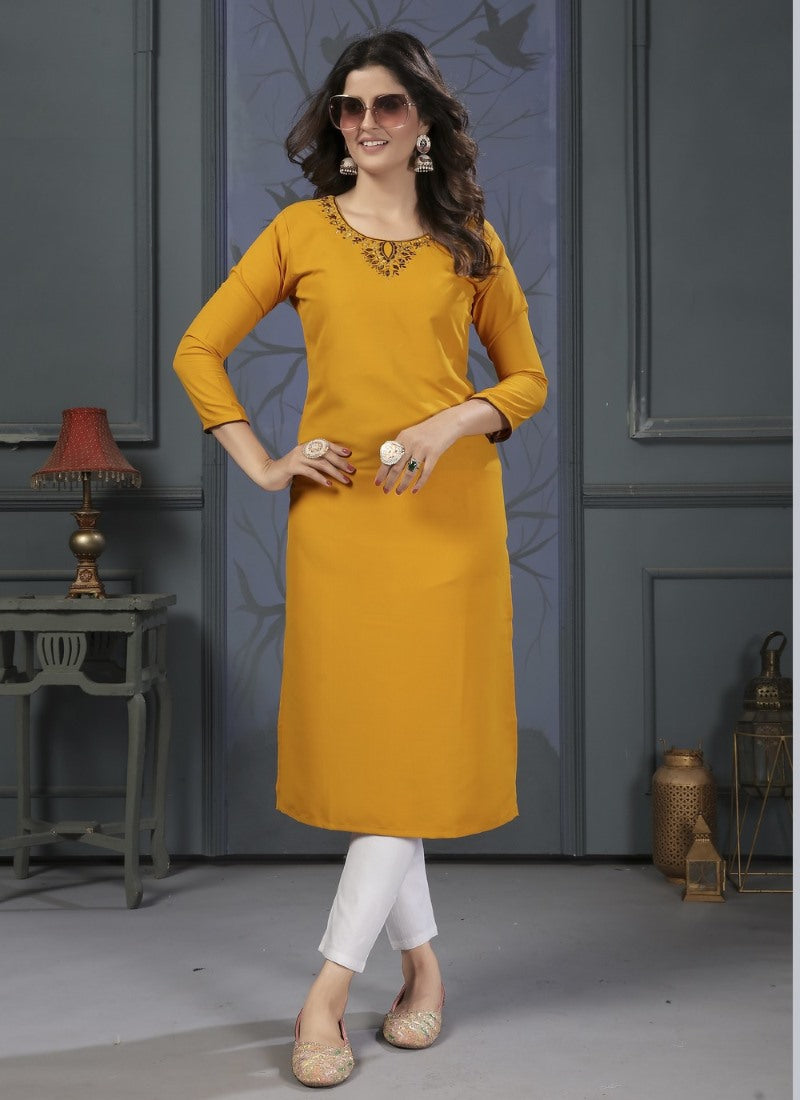 Yellow Cotton Pocket Kurti With Embroidery Work and Pent