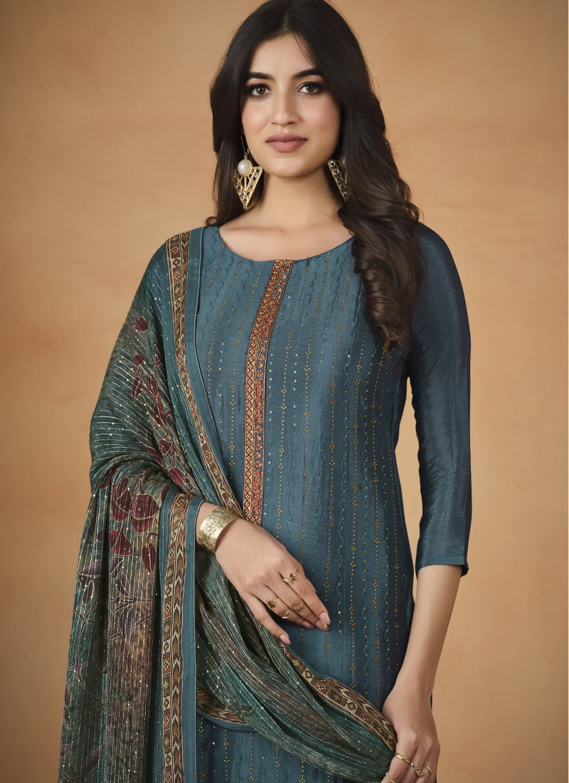 Teal Blue Chinon Long Salwar Suit-2