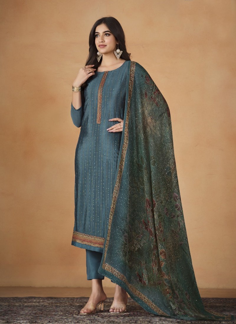 Teal Blue Chinon Long Salwar Suit