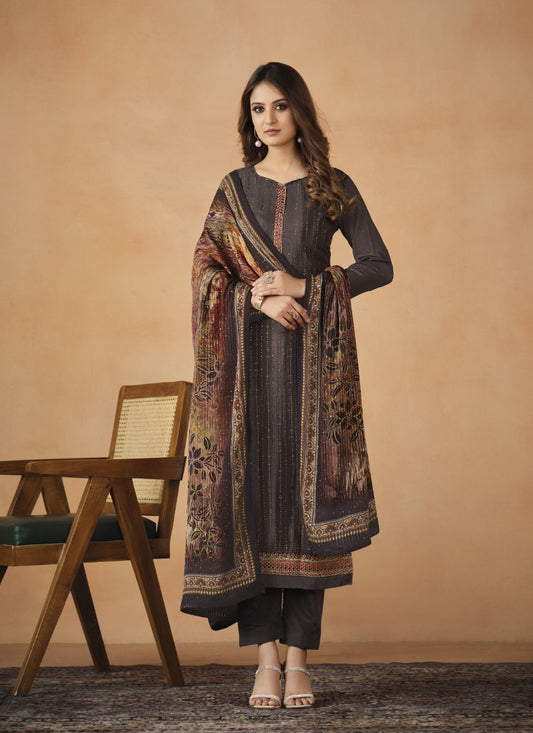 Brown Chinon Long Salwar Suit