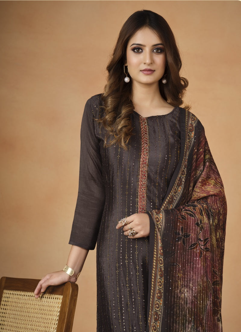 Brown Chinon Long Salwar Suit-2