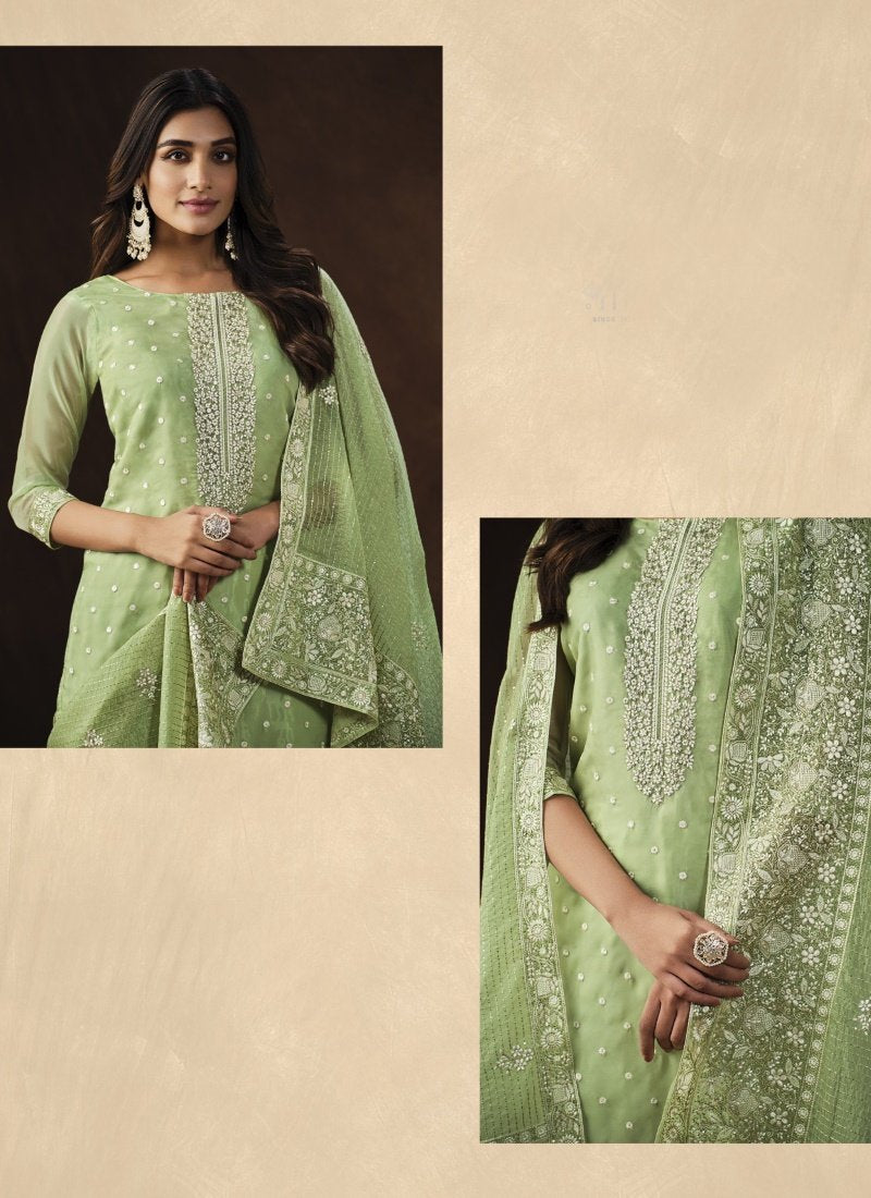 Pista Green Organza Pant Style Salwar Suit-2