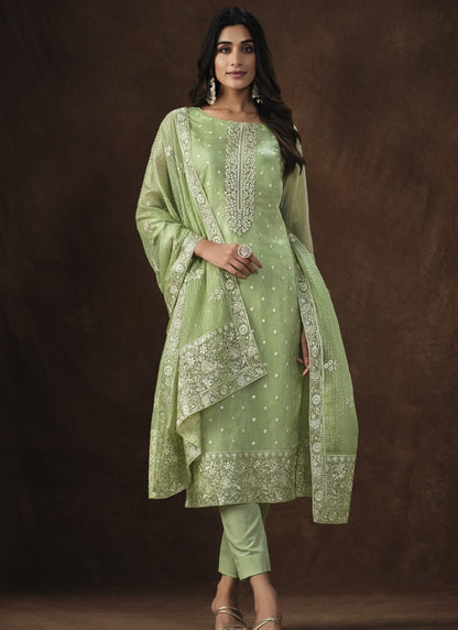 Pista Green Organza Pant Style Salwar Suit