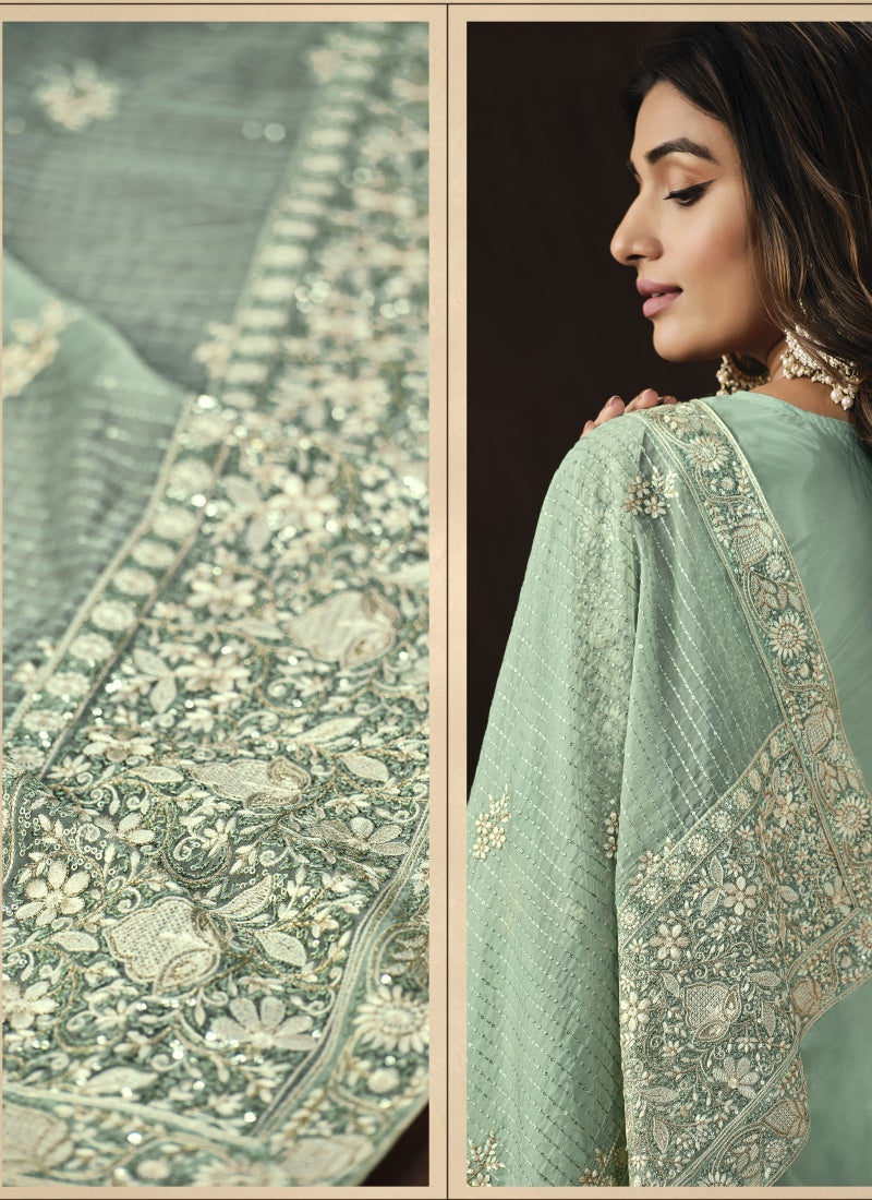 Sea Green Organza Pant Style Salwar Suit-2