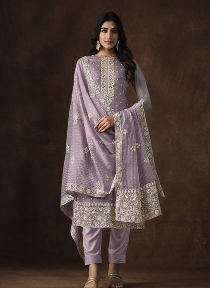 Purple Organza Pant Style Salwar Suit