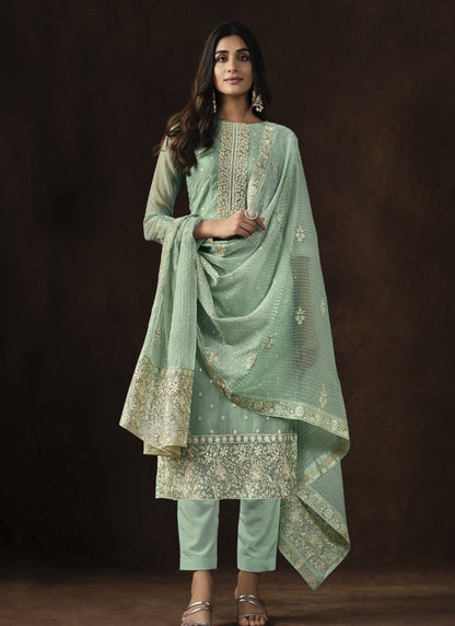 Sea Green Organza Pant Style Salwar Suit