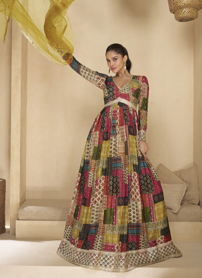 Multi Color Georgette Long Anarkali Suit With Embroidery and Sequins Work