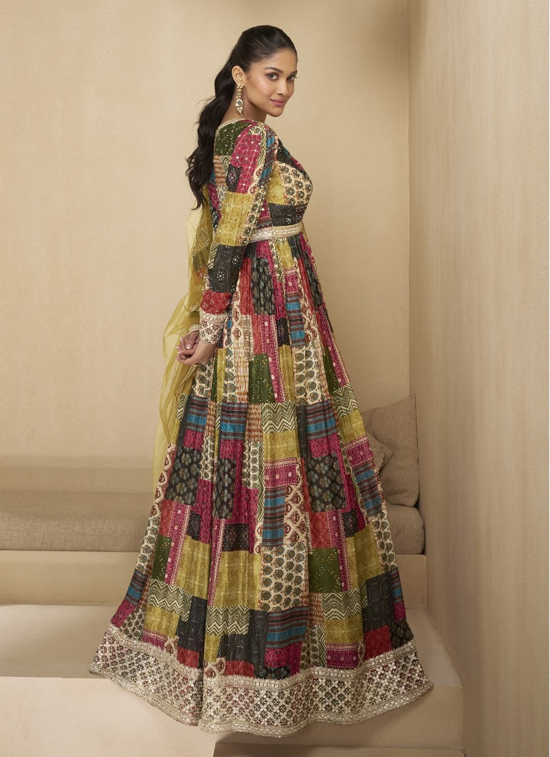 Multi Color Georgette Long Anarkali Suit With Embroidery and Sequins Work