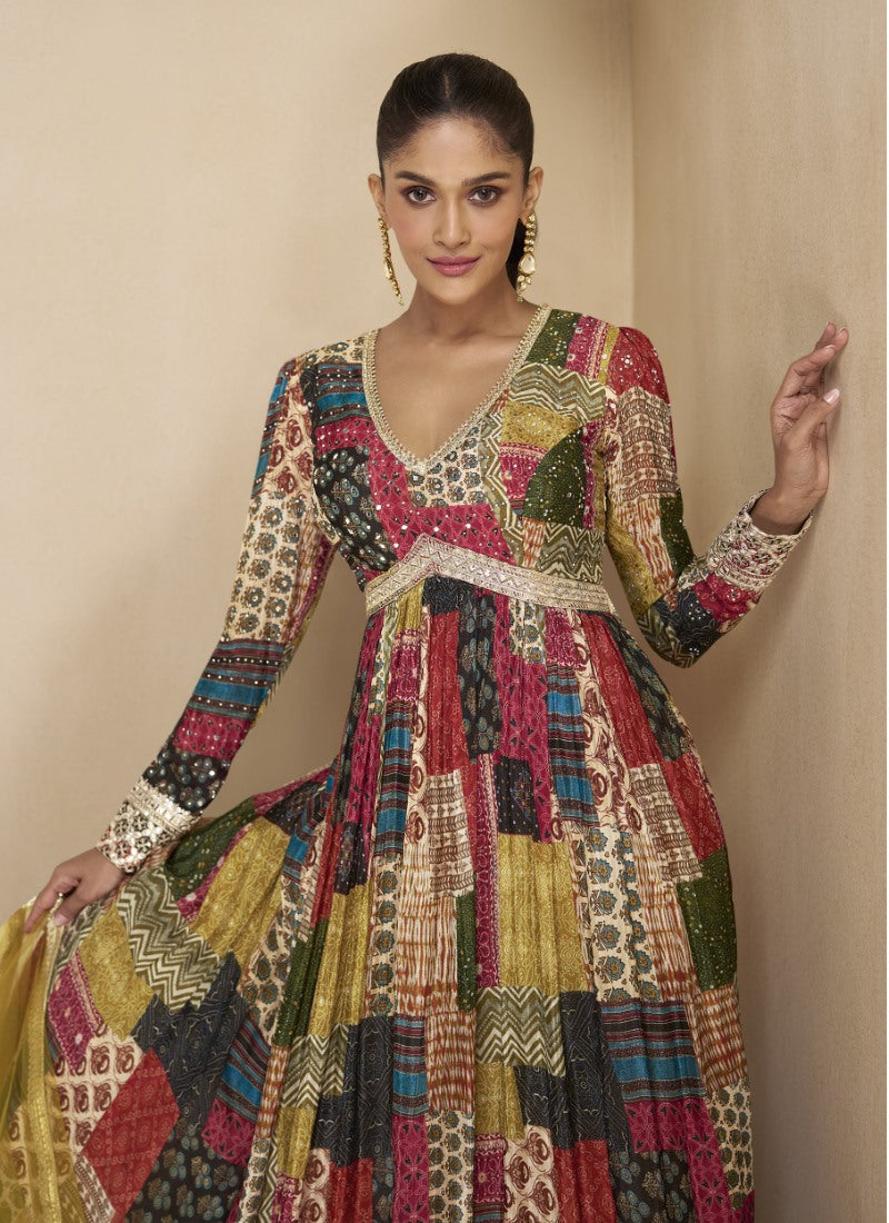 Multi Color Georgette Long Anarkali Suit With Embroidery and Sequins Work