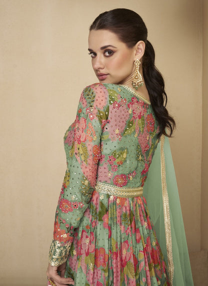 Light Green Georgette Long Anarkali Suit With Embroidery and Sequins Work