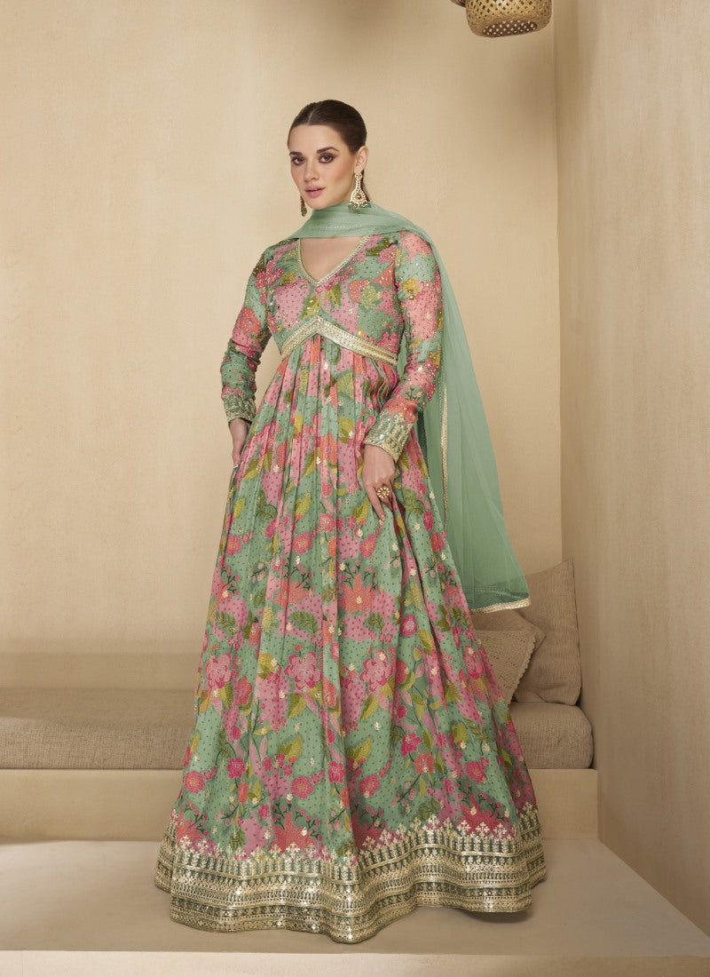 Light Green Georgette Long Anarkali Suit With Embroidery and Sequins Work