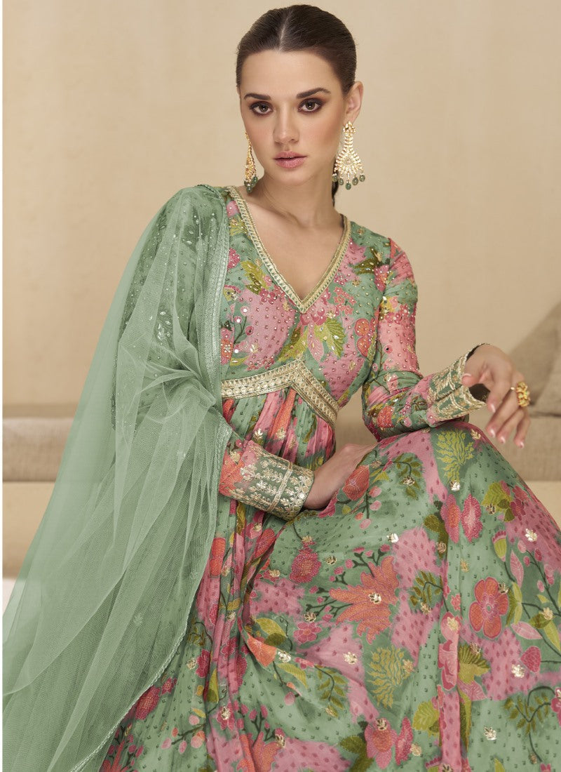 Light Green Georgette Long Anarkali Suit With Embroidery and Sequins Work