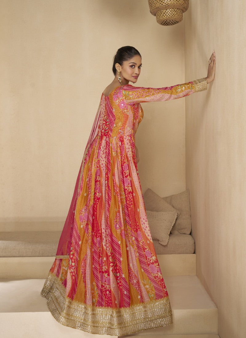 Pink Georgette Long Anarkali Suit With Embroidery and Sequins Work