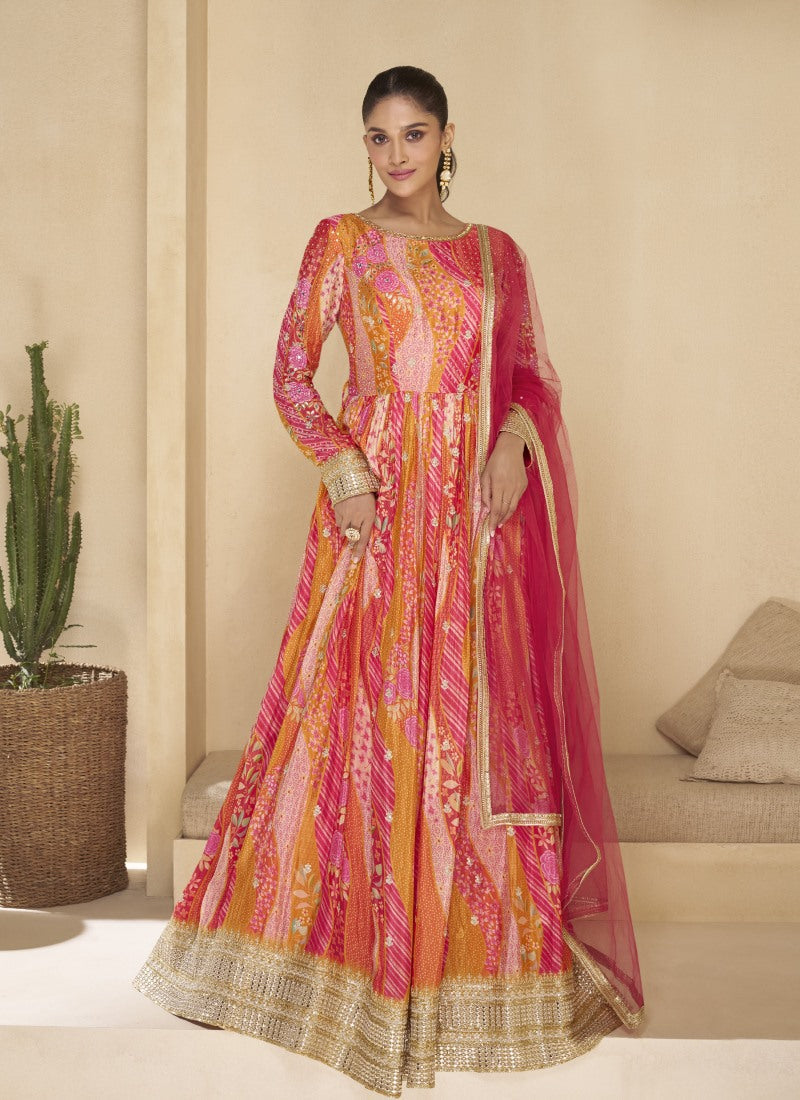 Pink Georgette Long Anarkali Suit With Embroidery and Sequins Work