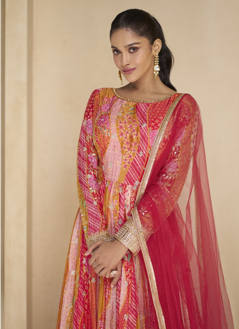 Pink Georgette Long Anarkali Suit With Embroidery and Sequins Work