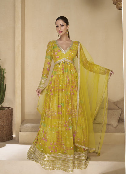 Olive Green Georgette Long Anarkali Suit With Embroidery and Sequins Work