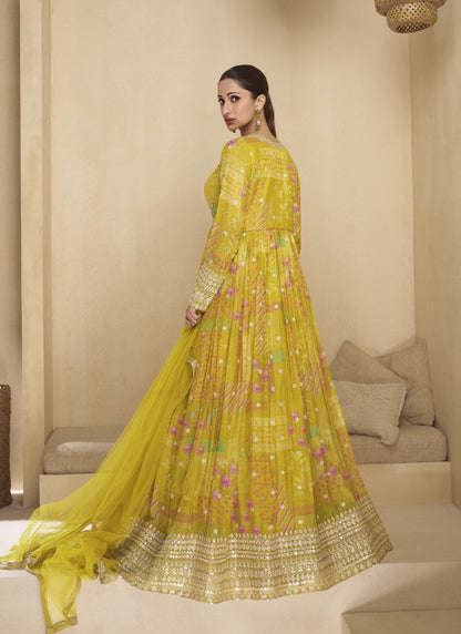 Olive Green Georgette Long Anarkali Suit With Embroidery and Sequins Work