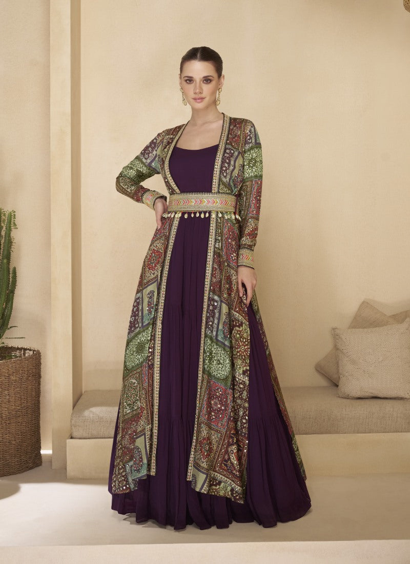 Purple Long Anarkali Gown With Embroidery Jacket