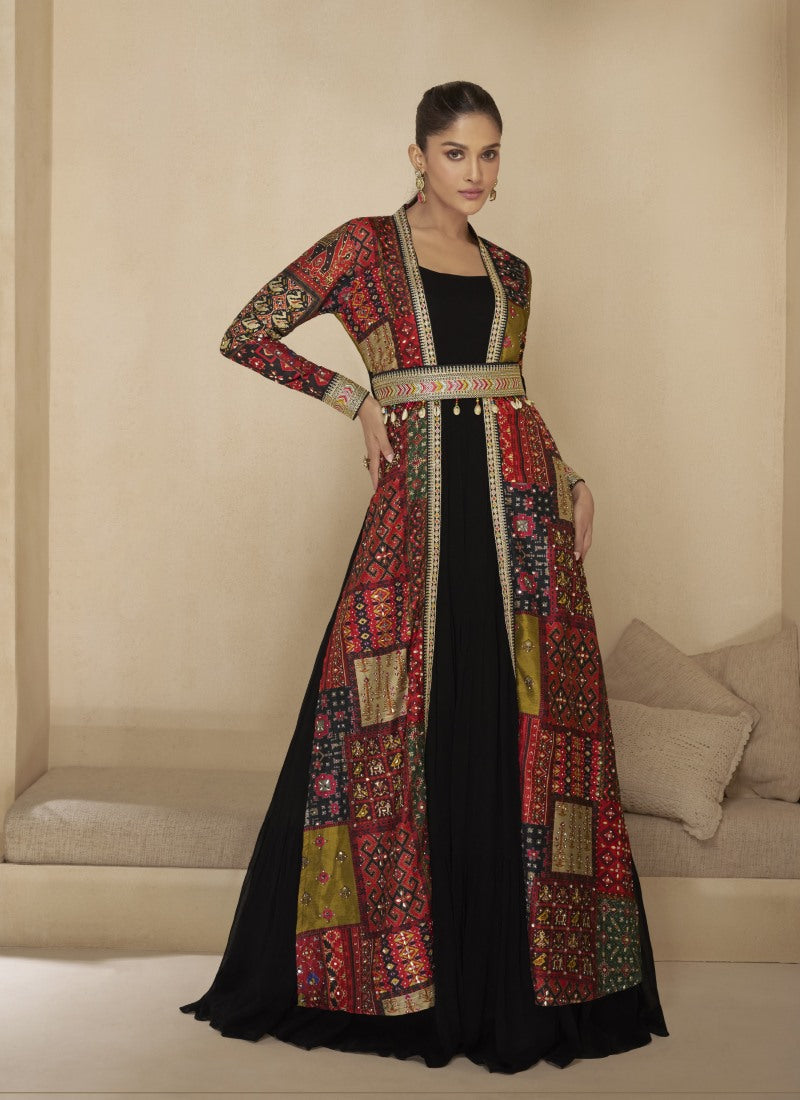 Black Long Anarkali Gown With Embroidery Jacket