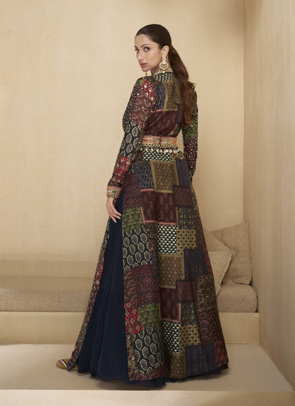 Navy Blue Long Anarkali Gown With Embroidery Jacket