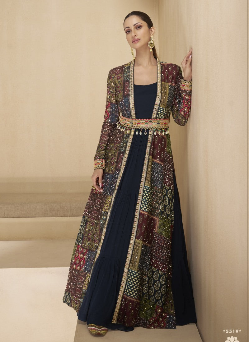 Navy Blue Long Anarkali Gown With Embroidery Jacket