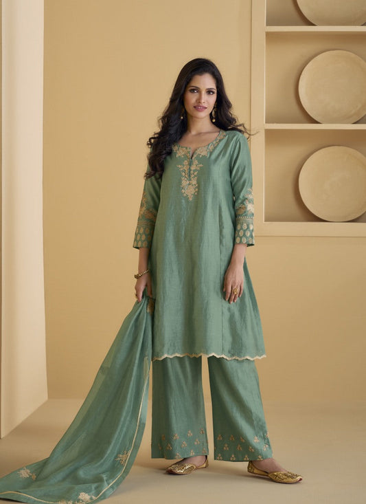 Sea Green Palazzo Suit With Embroidery Work