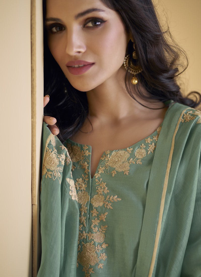 Sea Green Palazzo Suit With Embroidery Work