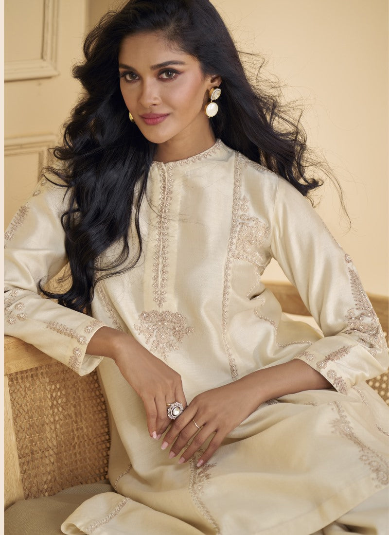 Cream Palazzo Suit With Embroidery Work