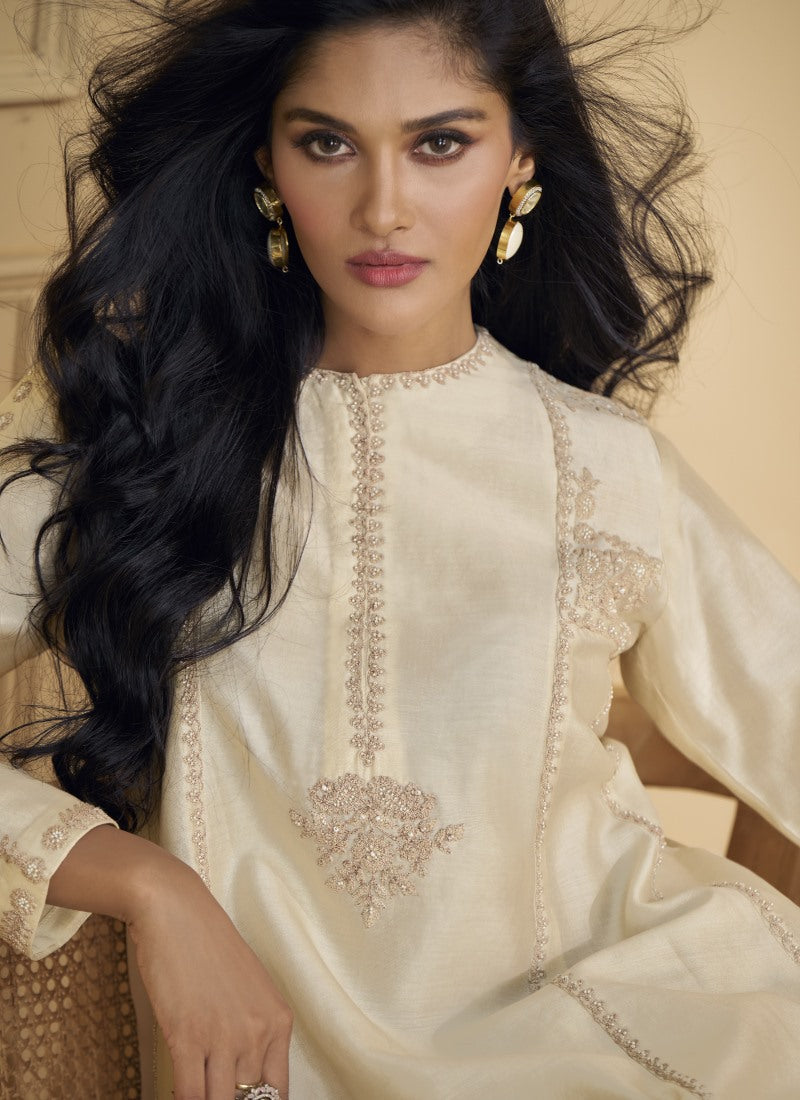 Cream Palazzo Suit With Embroidery Work