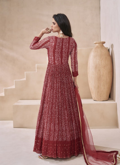 Red Georgette Long Anarkali Suit With Embroidery and Sequins Work