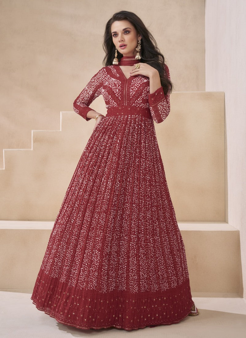 Red Georgette Long Anarkali Suit With Embroidery and Sequins Work